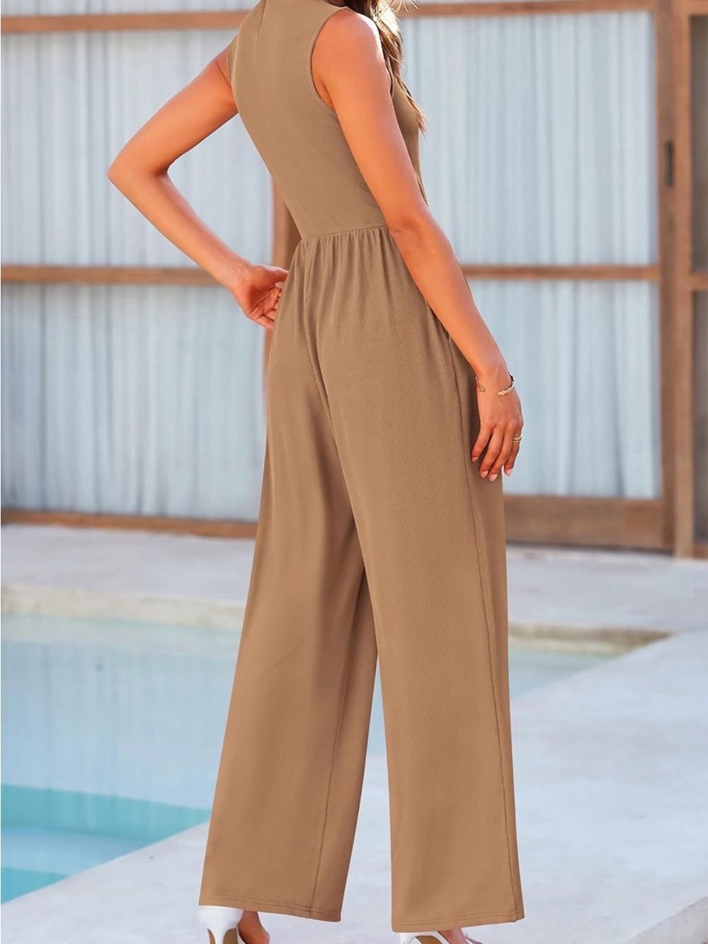 Sleeveless Taupe Wide-Leg Jumpsuit - Picture 2 of 3